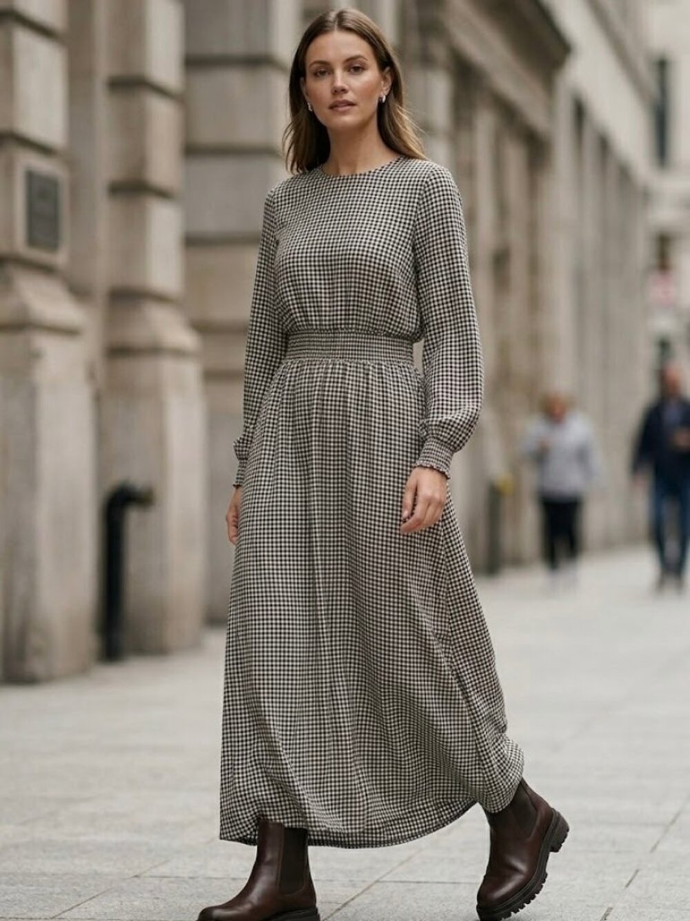 H&M Black & White Geometric Smocked Waist Long Sleeve Maxi Dress - S